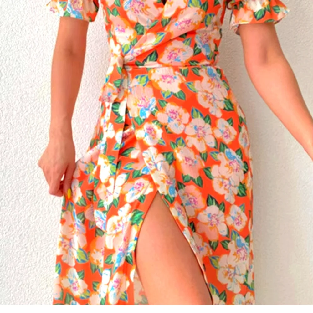 💥SALE💥 Romantic Orange Wrap Dress Floral Fluffy Sleeves Cross V Neck Sz L - Picture 3 of 10